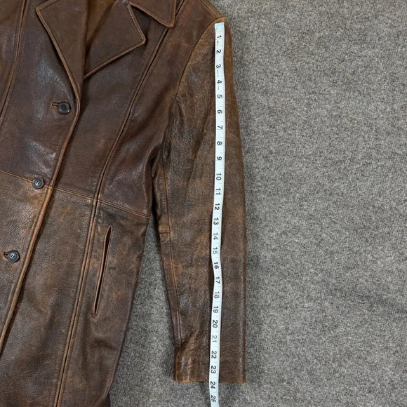 R&O Brand Brown Distressed Leather Trench Coat Jacket Womens S Mid-Length Patina - Picture 6 of 8